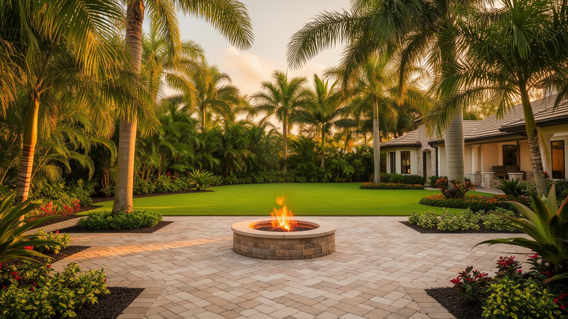 Luxury Florida backyard with paver patio and fire pit
